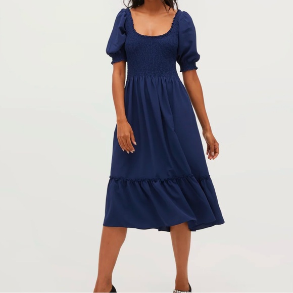 Hill House The Louisa Nap Dress Navy Crepe Blue Smocked Midi Dress NWT Pockets - Picture 5 of 16